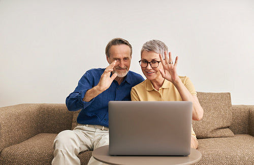 Happy senior couple waving while looking at laptop computer