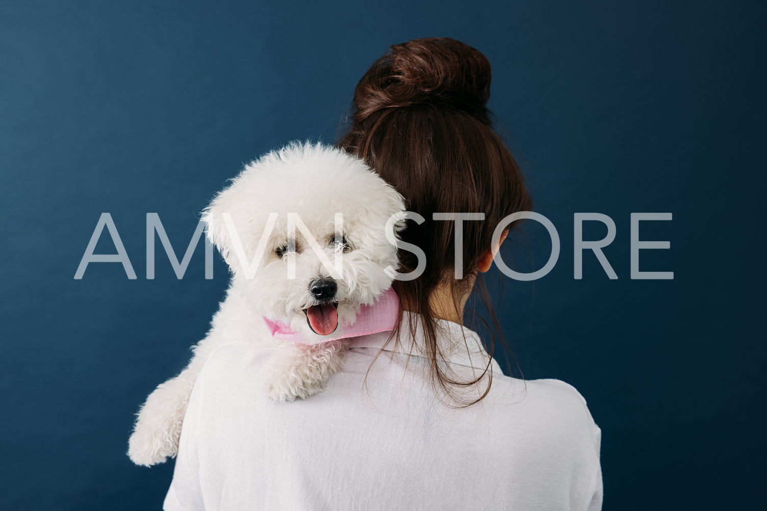 Little fluffy dog looking at camera while lying on the shoulder