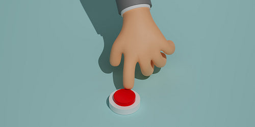 Close up of a palm with an outstretched index finger wants to press the red button against a blue background, 3d render, 3d illustration