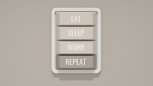 Vertical picture of a four buttons on a mini custom keyboard with words "EAT", "SLEEP", "WORK", and "REPEAT", 3d render, 3d illustration