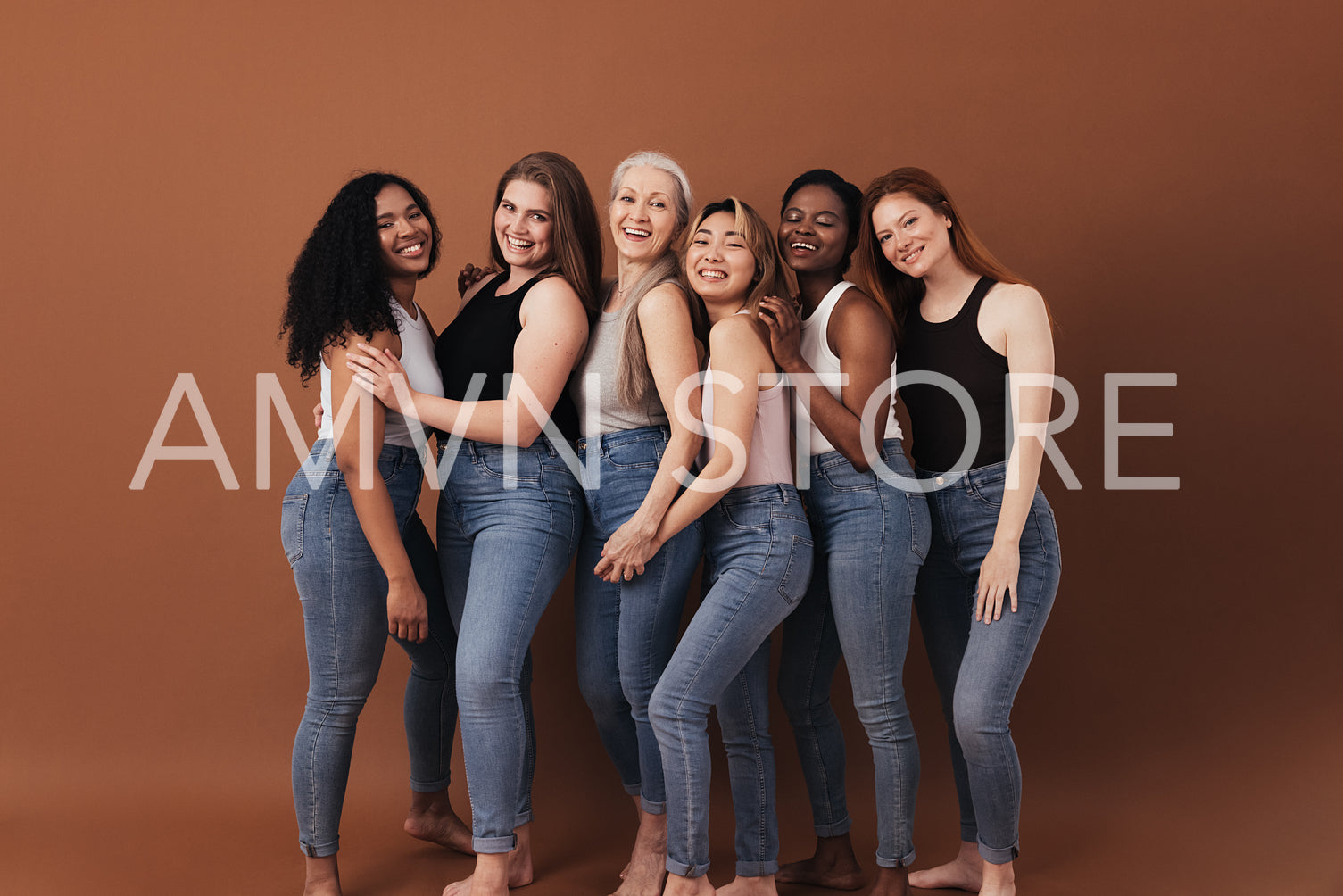 Six women of different ages and body types smiling and laughing over brown background