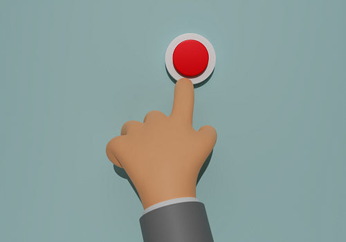 Palm with outstretched index finger wants to press the red button. High angle of a hand and red button, 3d render, 3d illustration