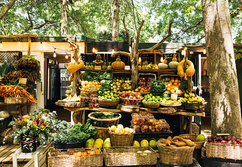 Street market with fruits and vegetables. View on an outdoor market.