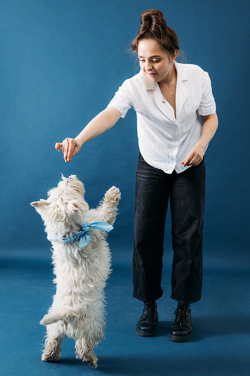 Young woman in casuals feeding her little dog with white fur in