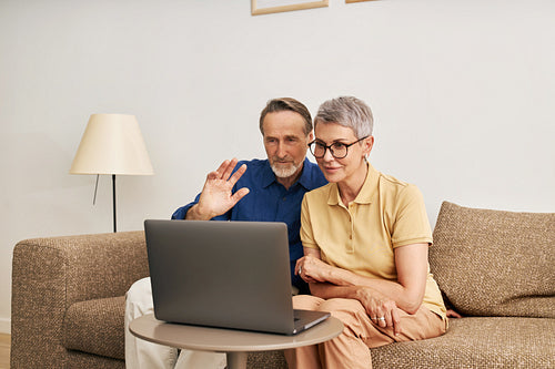 Happy senior couple waving while looking at laptop computer in home