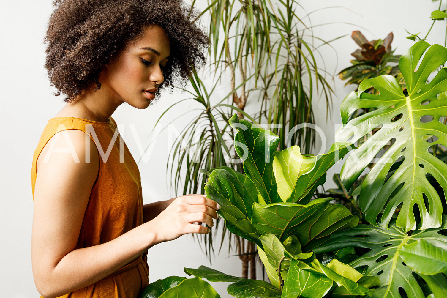 Side view of woman florist standing in her botanical garden and working	