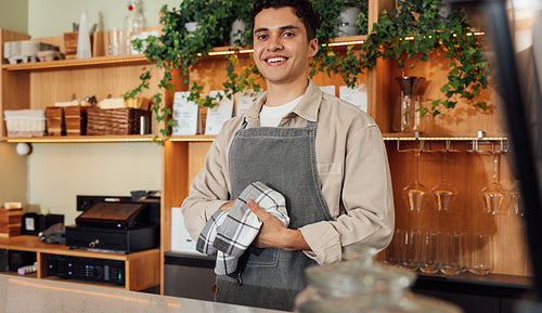 Smiling bartender in apron wiping hands with towel at counter