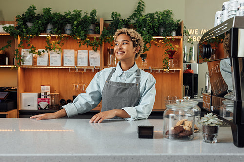 Smiling female bartender looking away while standing at the counter. Young barista in an apron.