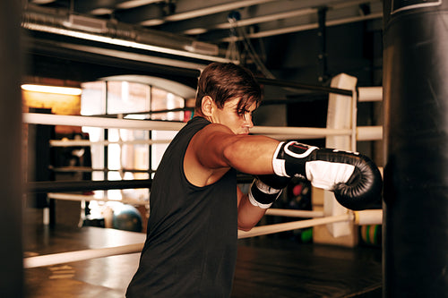 Muscular athlete working out in a gym on a leather punching bag