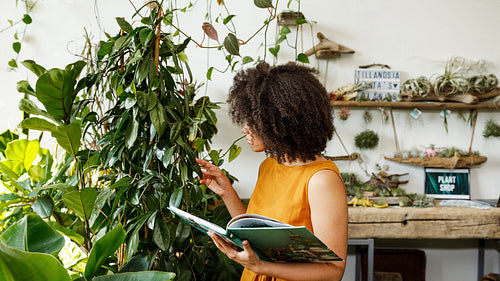 Young woman holding a book and observe a plant in workshop