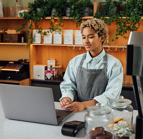 Young woman entrepreneur with laptop at the counter. Female in an apron working as a barista looking at a laptop.