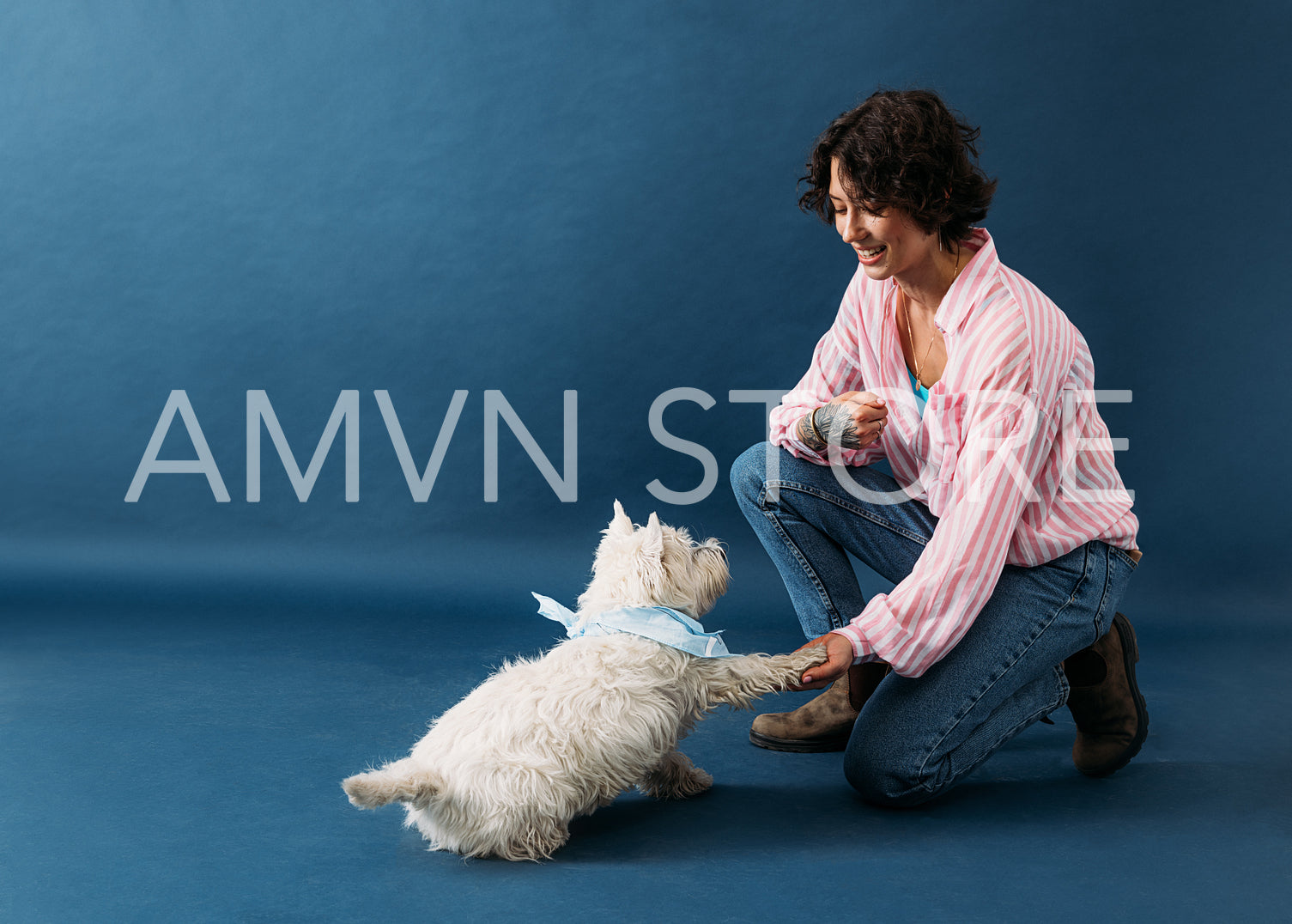 Woman shaking paw of cute dog. Young female kneeling as she hold