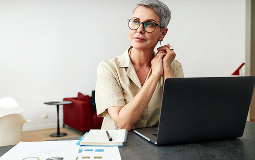 Mature woman with grey hair in front of a laptop