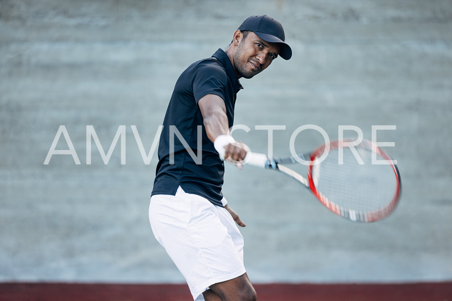 Young tennis player practicing backhand volley hit on court outdoors