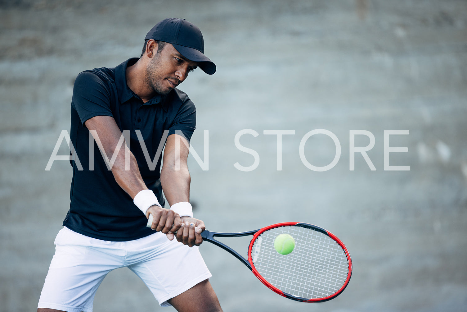 Tennis player takes serve. Professional tennis player hitting a ball.