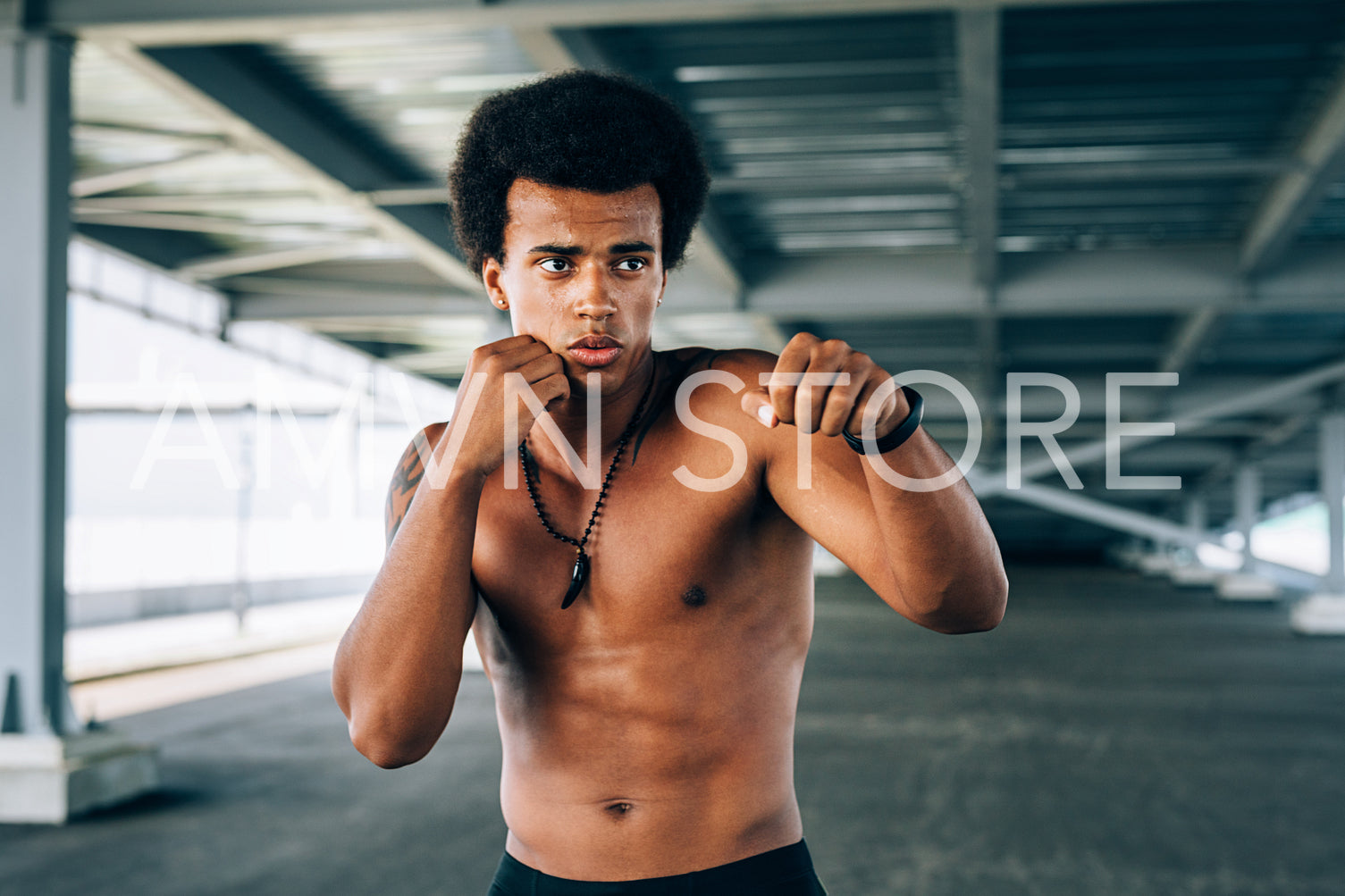 Bare-chested kickboxer standing under a bridge in combat stance	