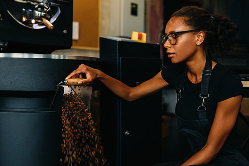 Young entrepreneur working in coffee production. Coffee beans exiting from a roasting machine.