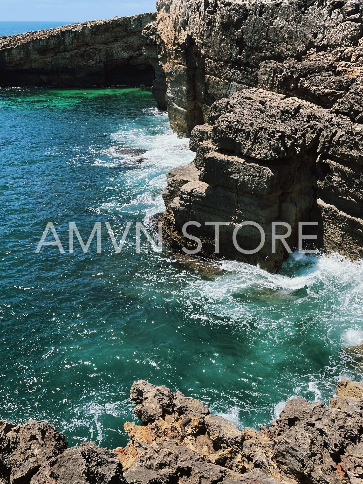 High angle view on the rocky coast at sunny day