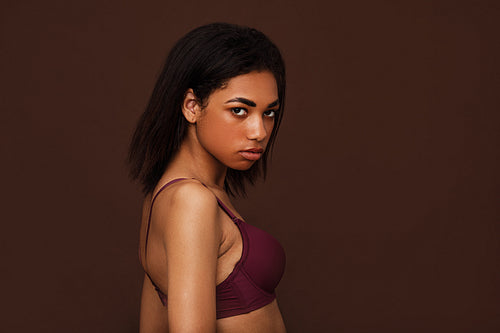 Side view of a young woman with black hair looking at camera. Young slim female in lingerie posing on brown background.