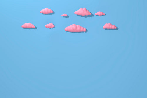 Pink cartoon clouds on blue background, 3d illustration