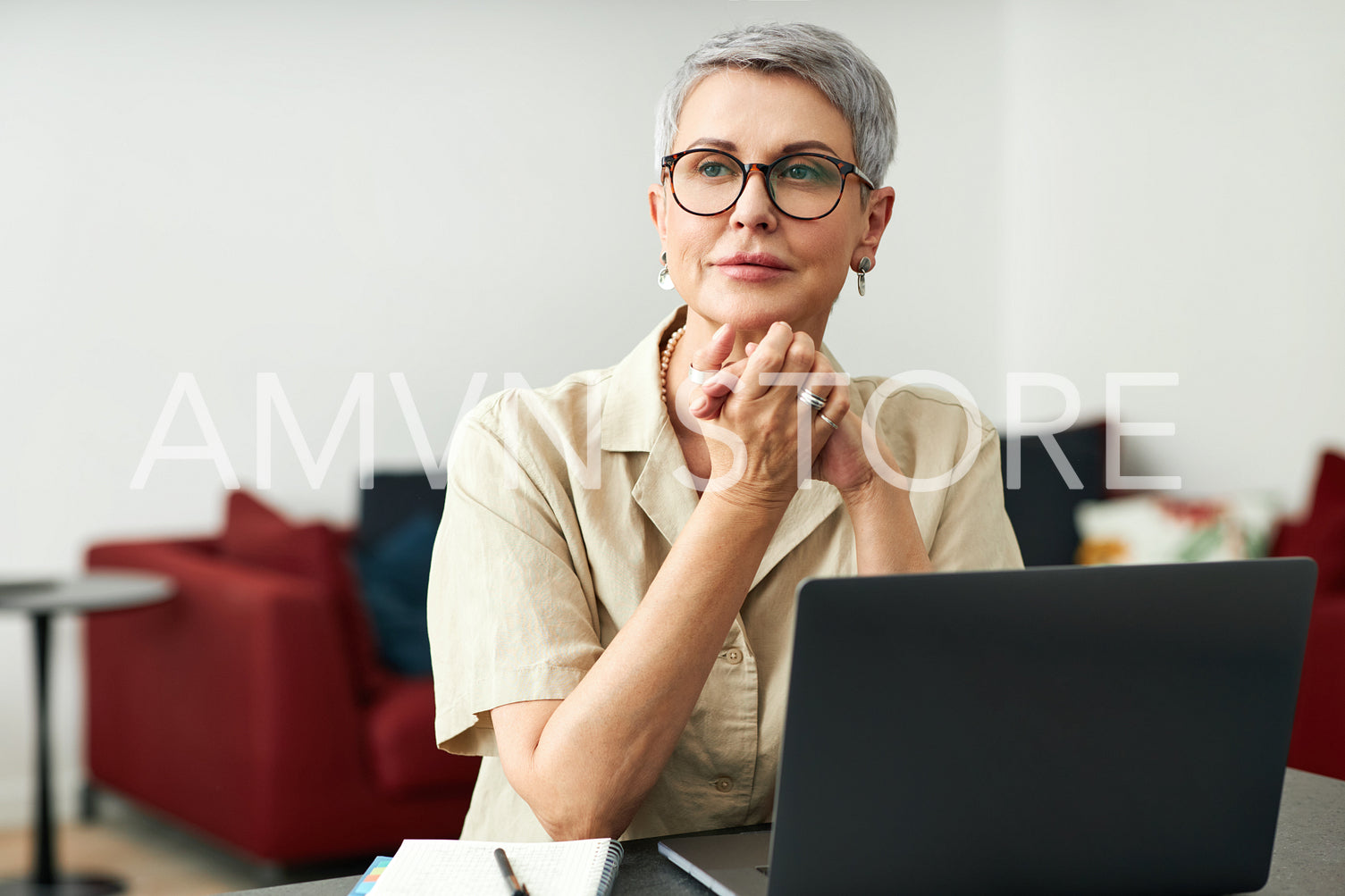 Stylish mature woman with grey hair wearing glasses sitting at home in front of a laptop