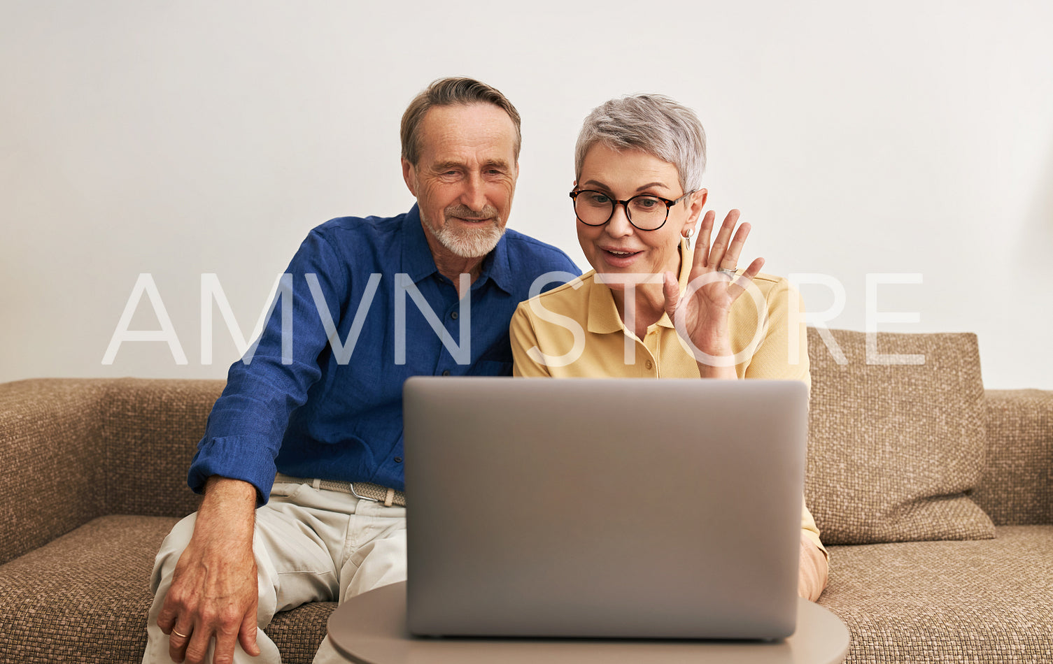 Senior couple using laptop computer for online conversation	