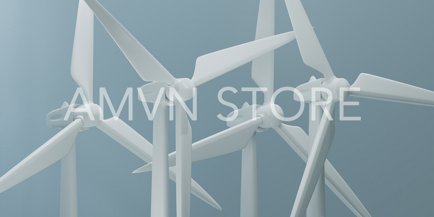 Four wind turbines against grey background, 3D render illustration