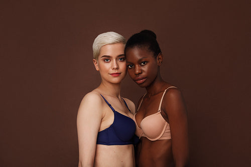 Two women in lingerie standing together on brown background. Young females wearing brassieres looking at camera .