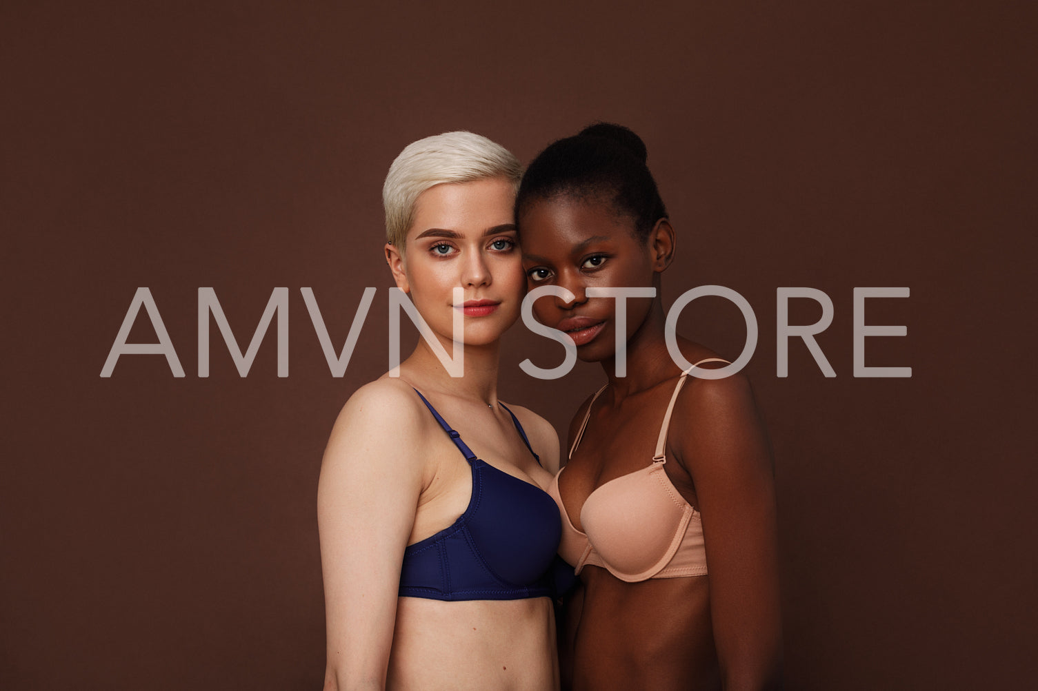 Two women in lingerie standing together on brown background. Young females wearing brassieres looking at camera .