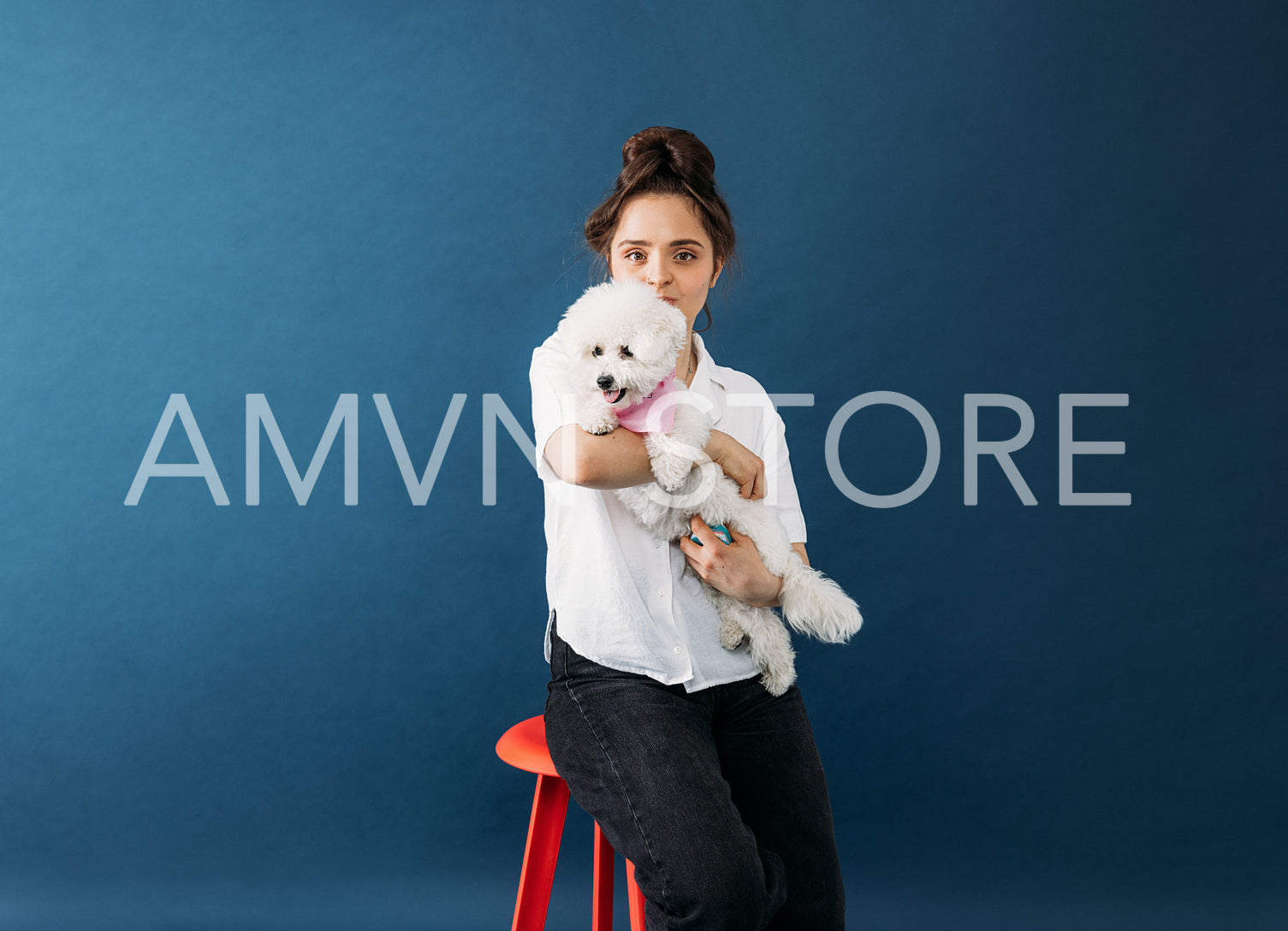 Young woman hugging her little white dog in studio while sitting