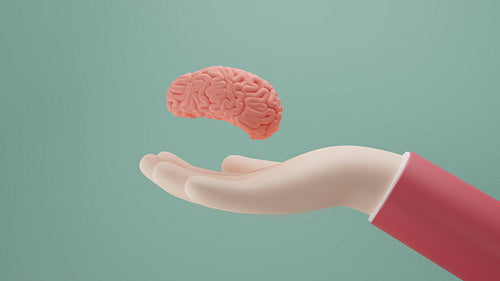 Side view of a palm and a human brain. Human hand holding brain, 3d render, 3d illustration